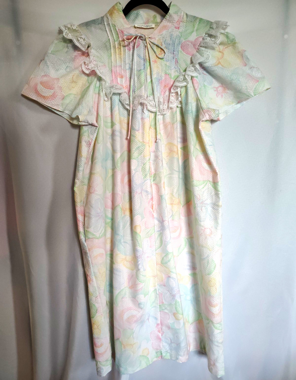 Komar Womens Floral Seersucker Cotton Lace Ruffle Collared Tie Nightgown OS